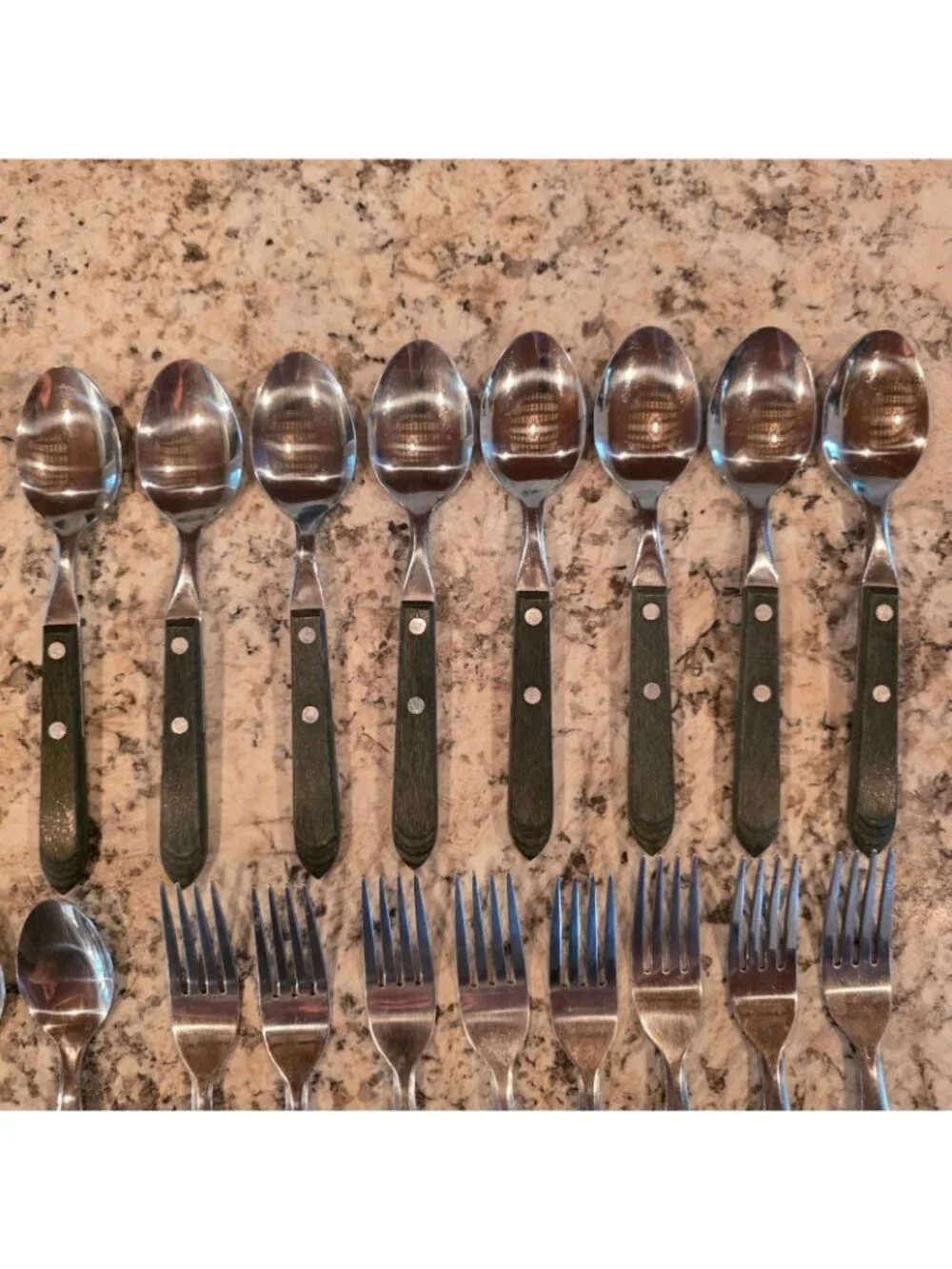 Town & Country  Wood Handle Stainless Flatware 31 Pc Fork Spoon Set Lot